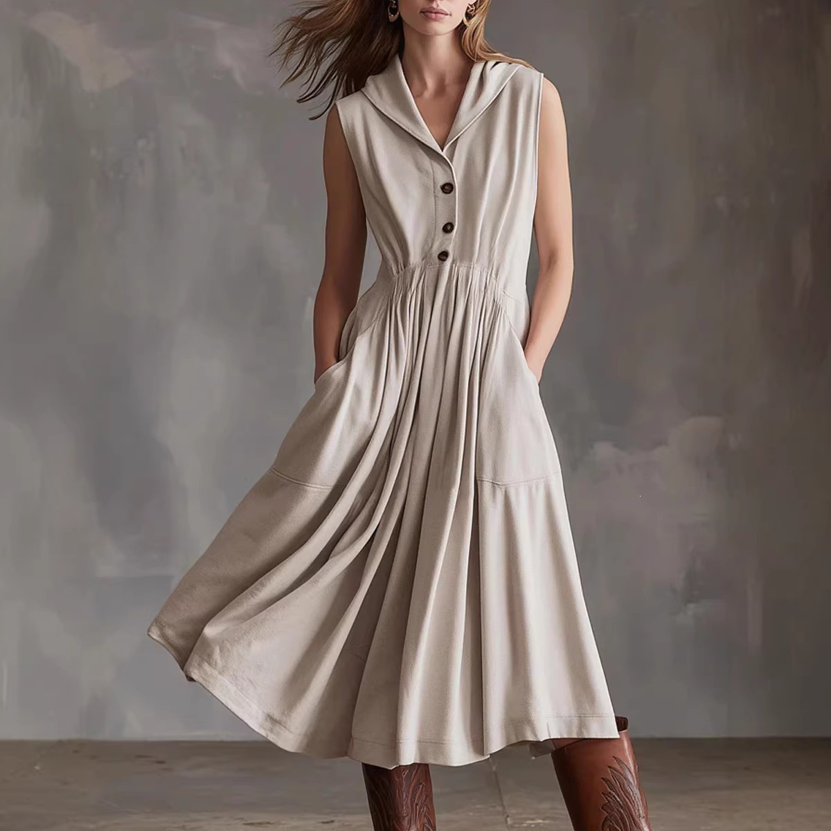 Women's Sleeveless A-Line Midi Dress with Oversized Collar