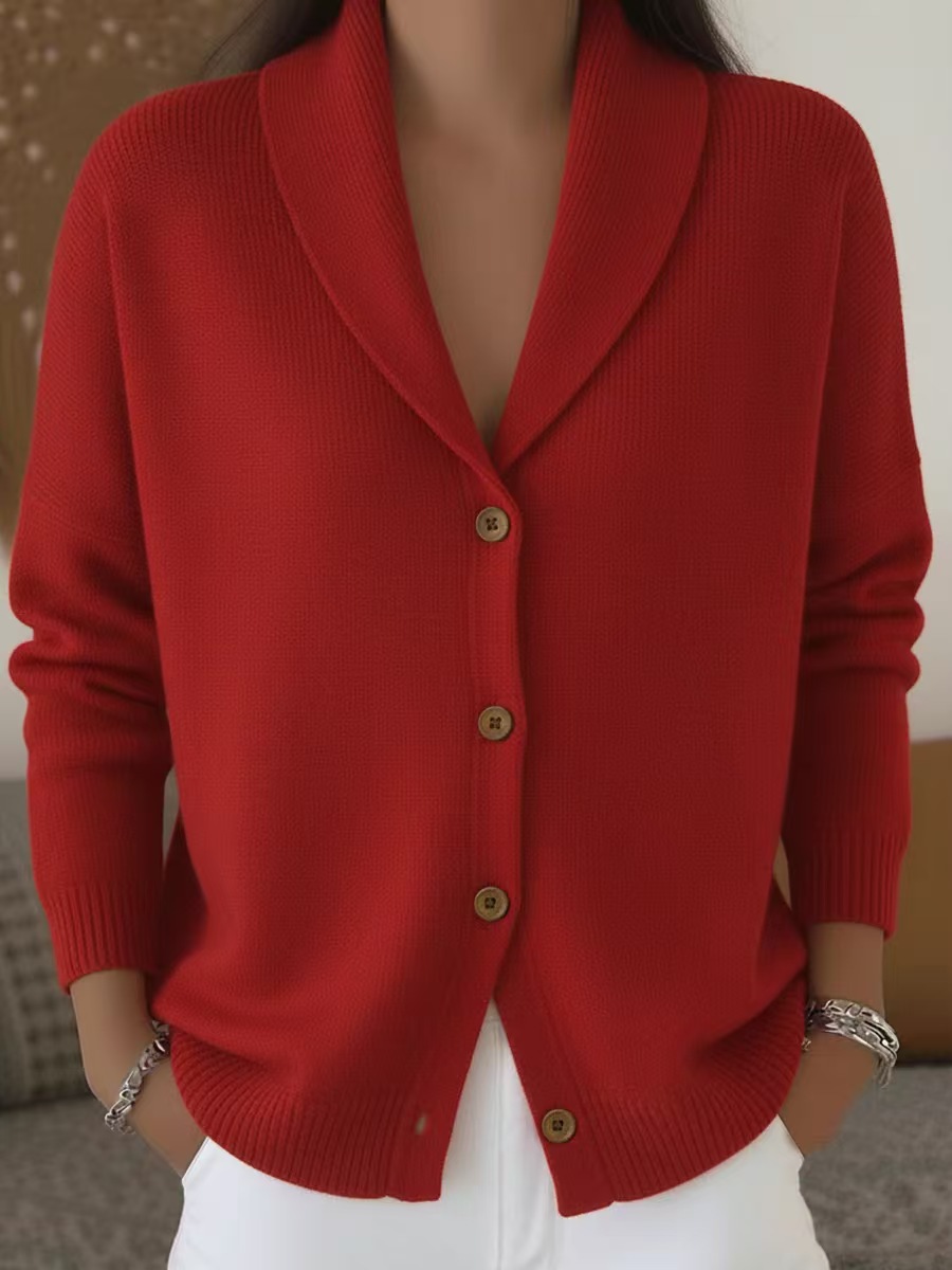 Button-Up Knit Collared Cardigan Sweater Coat Solid Color Women's