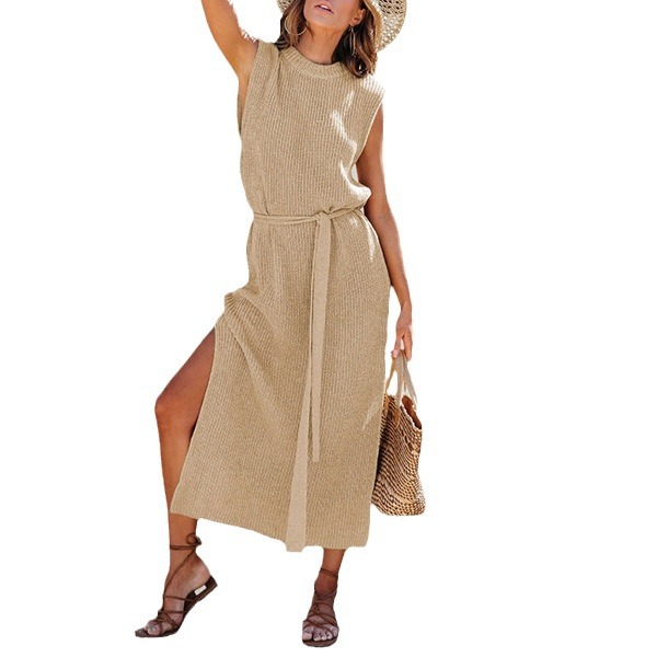 Women's Crewneck Solid Knit Dress with Slit and Belt