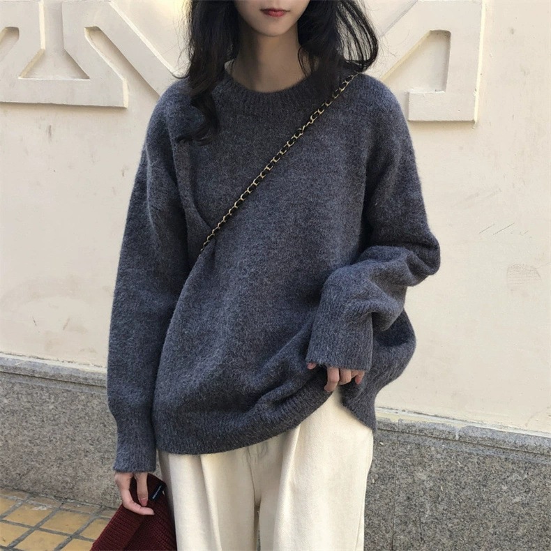 Women's Crewneck Solid Color Loose Knit Pullover Sweater