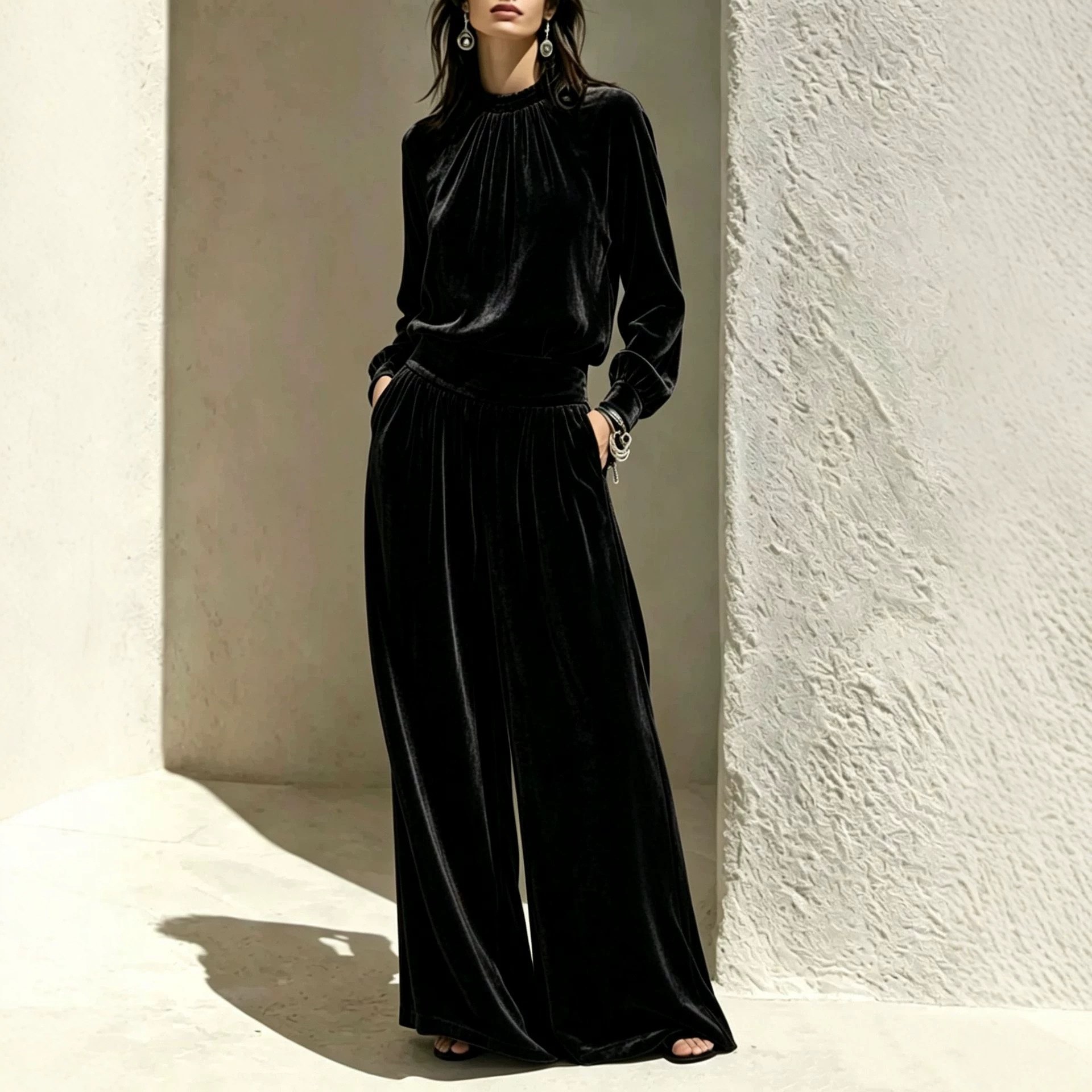 Women's Velvet Ruched Top & Wide-Leg Pants Two-Piece Set