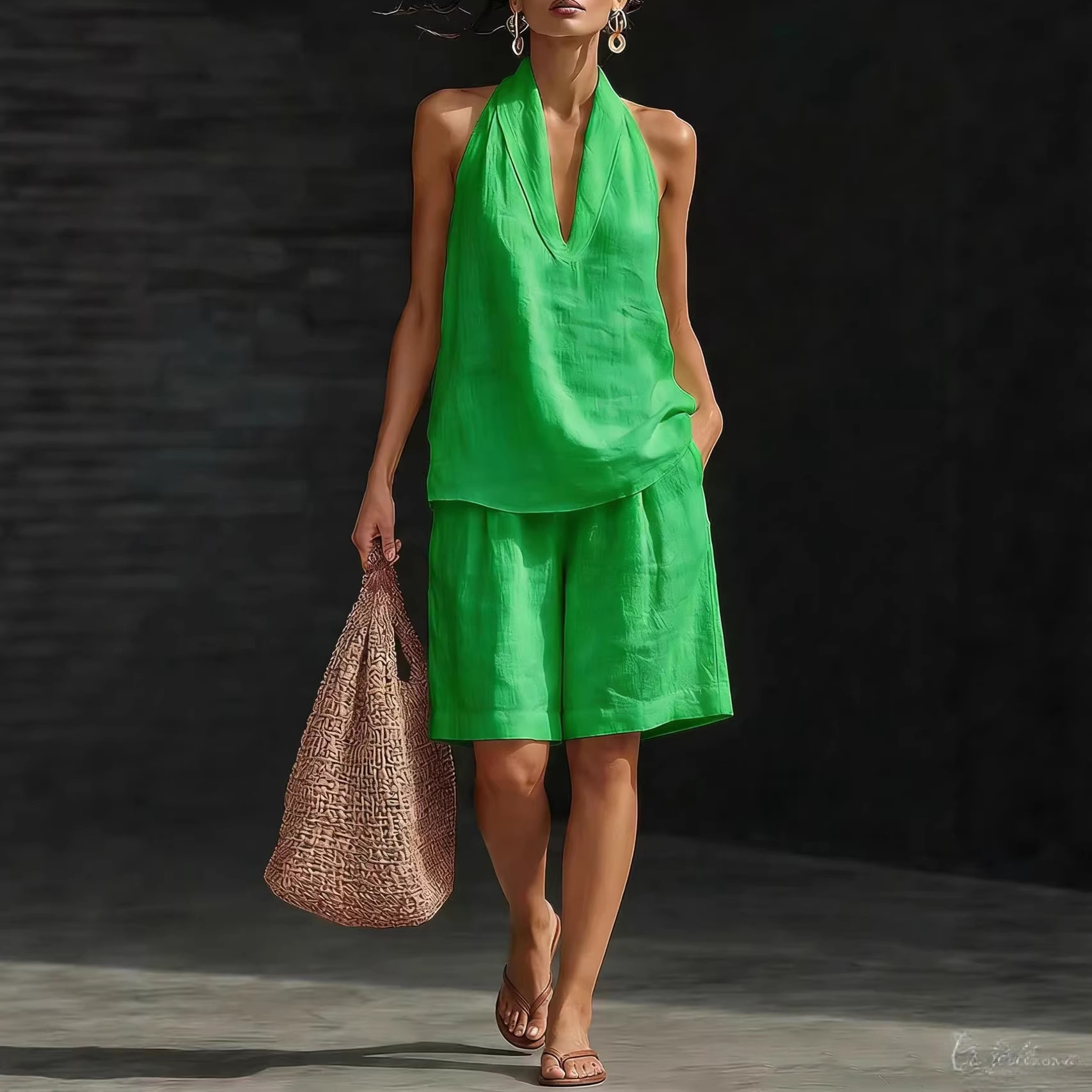 Women's Halter V-Neck Sleeveless Top and Shorts Set Casual Two-Piece Outfit