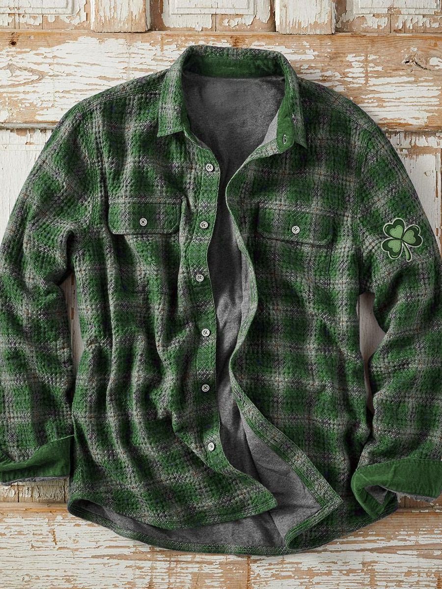 Men's Plaid Print Fleece-Lined Button-Down Shirt with Pockets