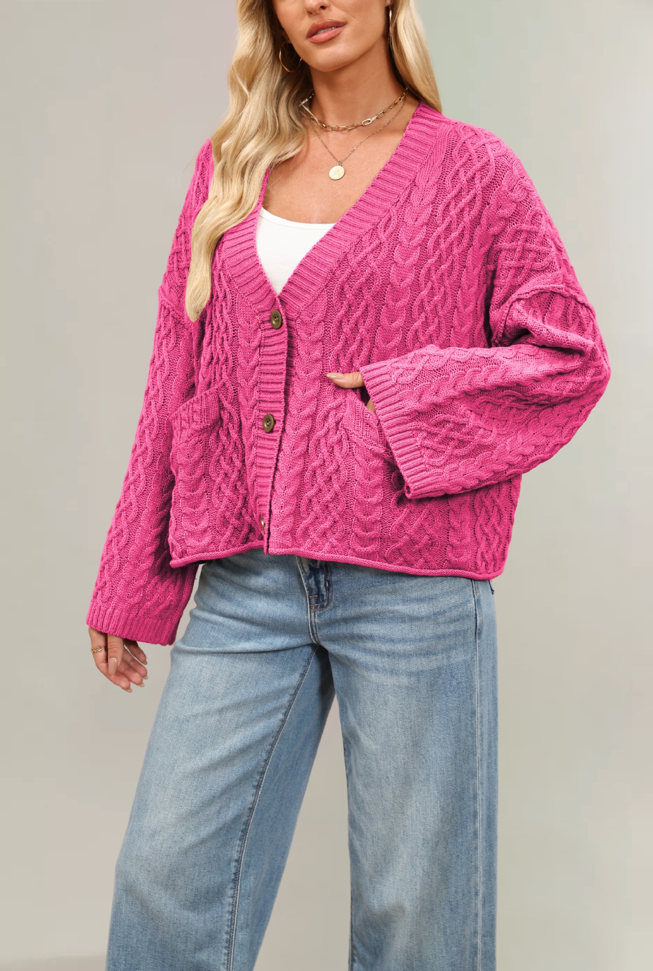 Cable-Knit Loose Solid Cardigan