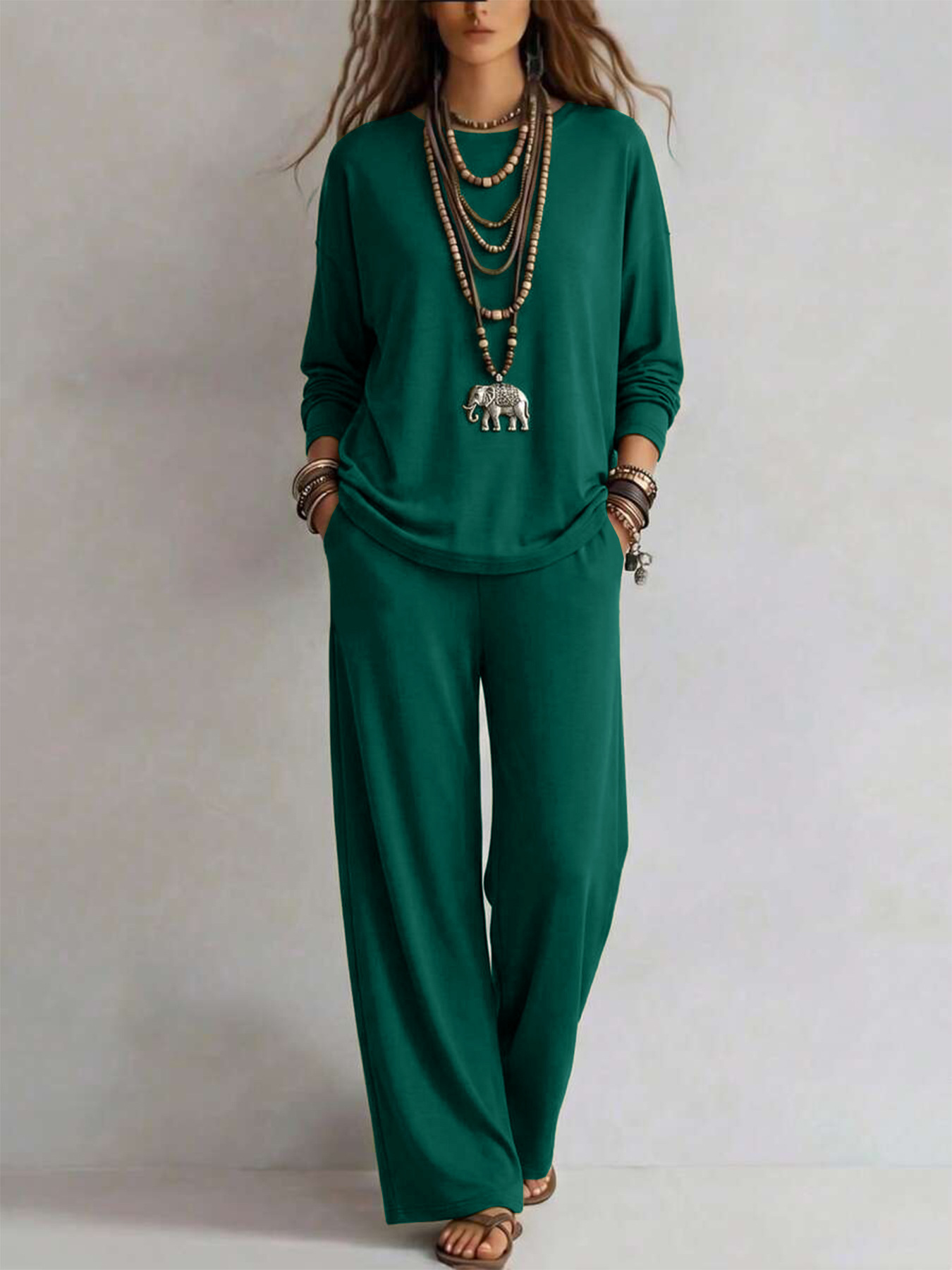 Women's Solid Color Two-Piece Set Long Sleeve Top & Wide-Leg Pants