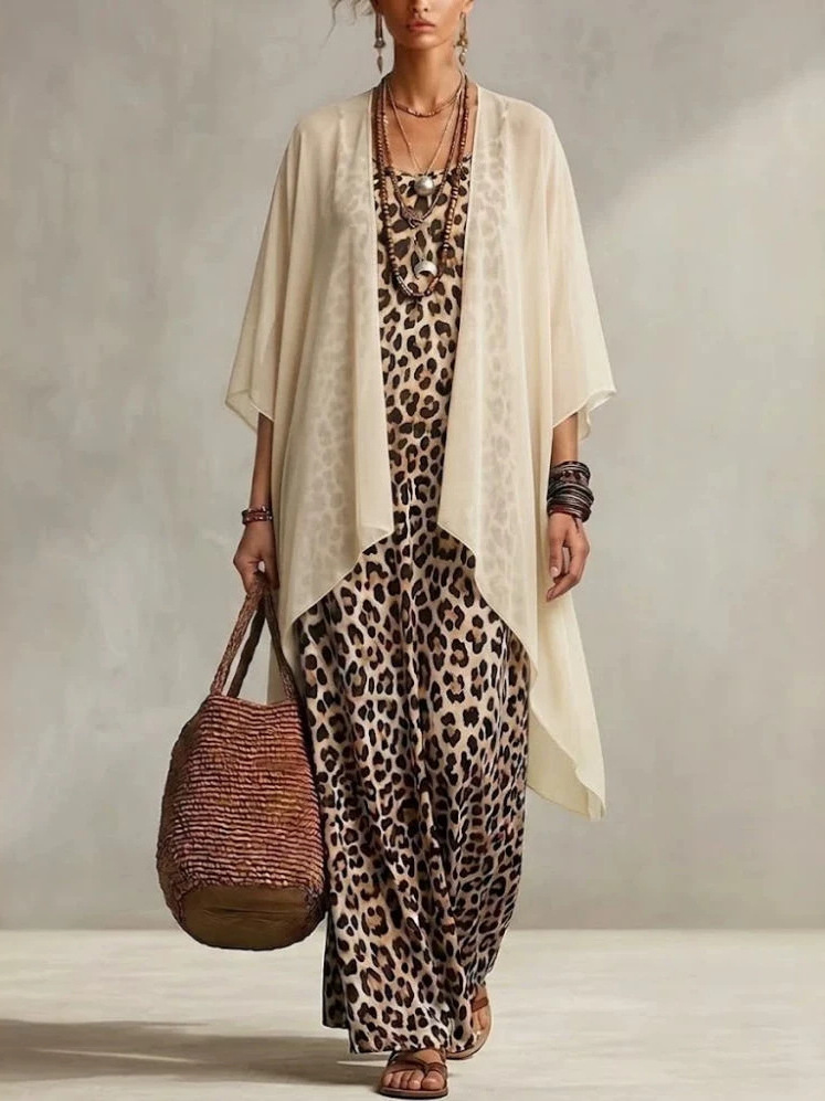 Leopard Print Cami Maxi Dress with Chiffon Cardigan Two-Piece Set