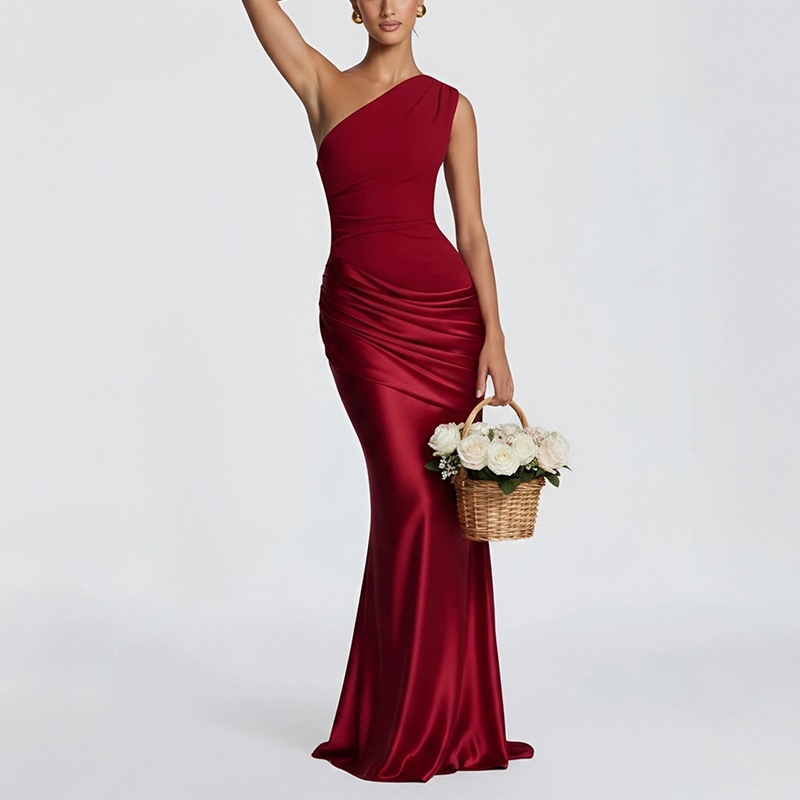 Women's One-Shoulder Bodycon Midi Dress Ruched Elegant Party Dress