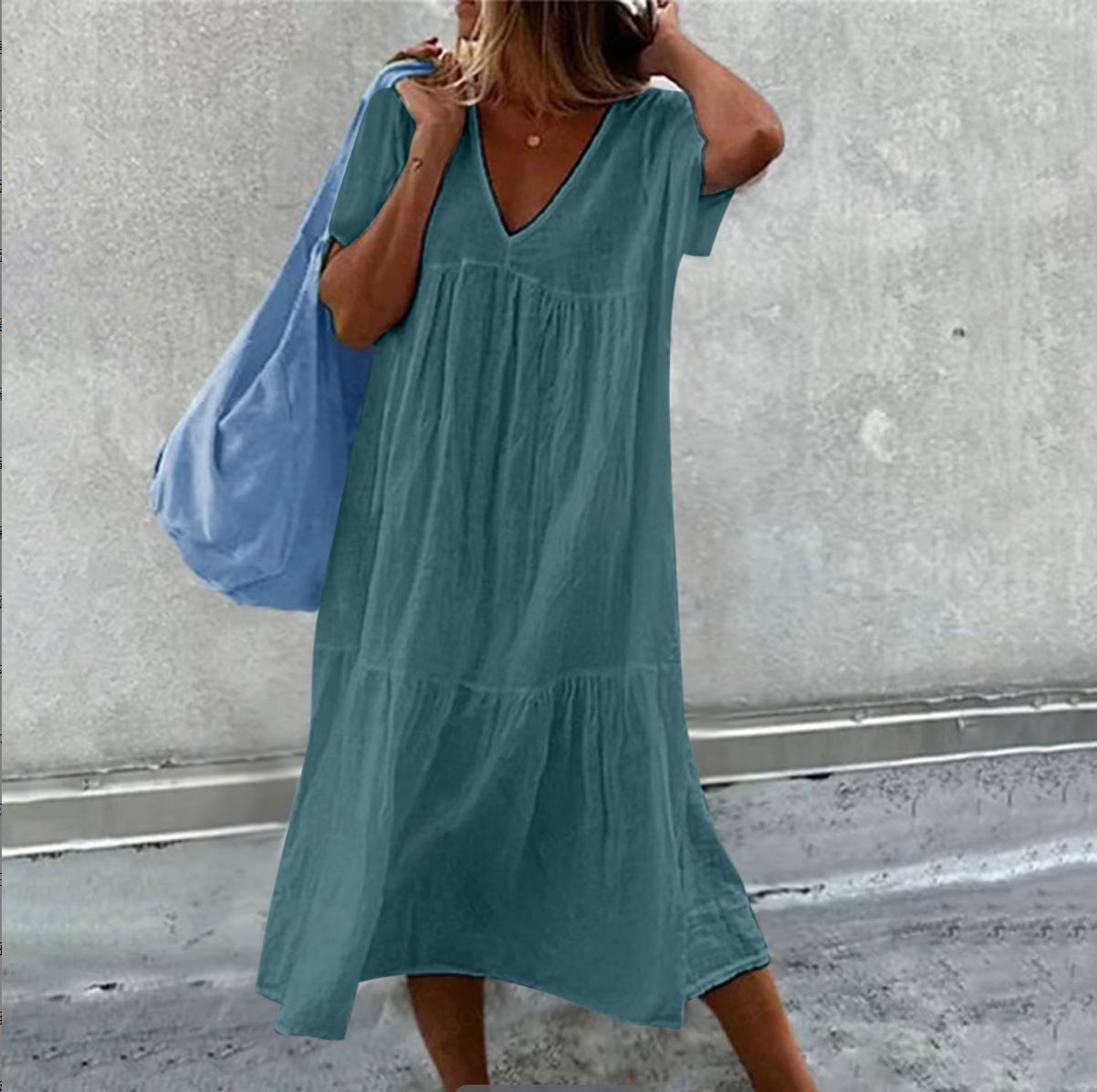 Women's Cotton Linen Short Sleeve Midi Dress Crew Neck