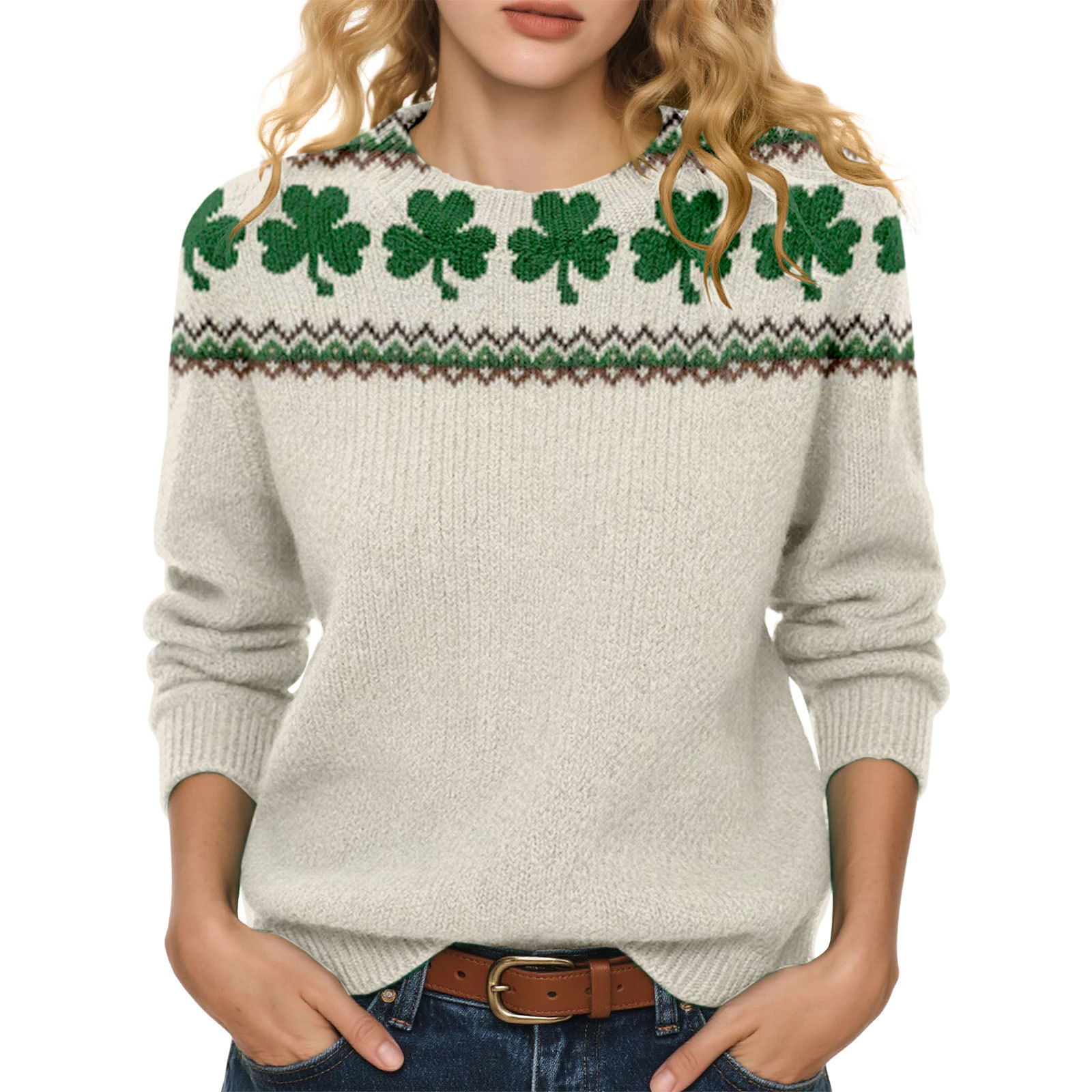 Lucky Clover Print Crewneck Sweatshirt for Women Casual Pullover
