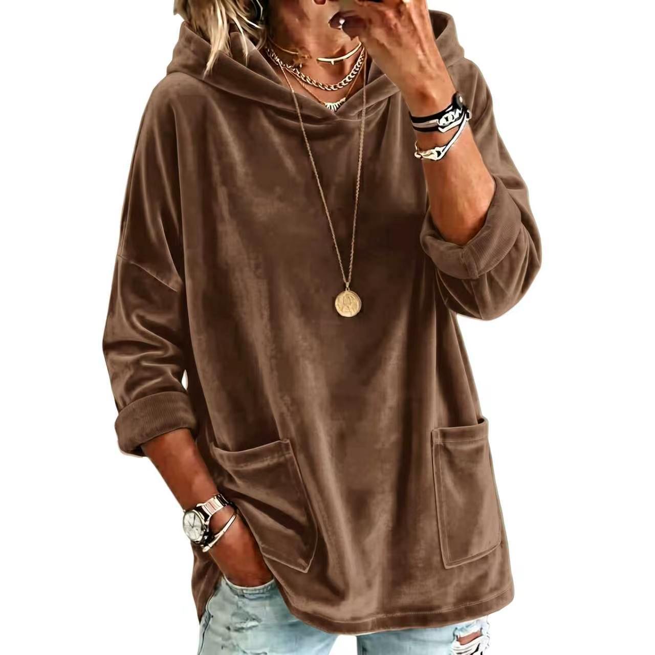 Casual Hooded Loose Fleece Solid Color Long Sleeve Pullover Sweatshirt for Women