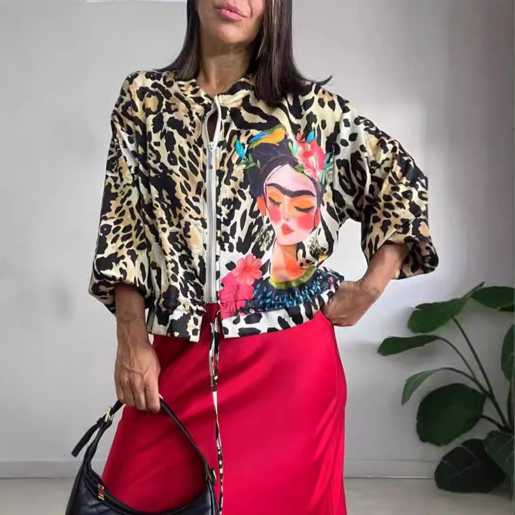 Women's Leopard Print Zip-Up Jacket Casual Loose Fit