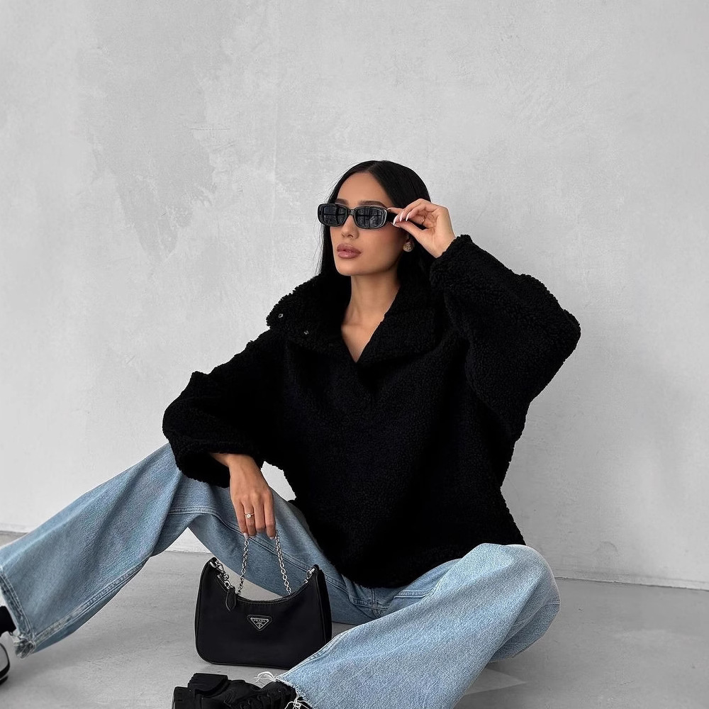 Faux Shearling Solid Color Pullover Hoodie with Scarf Neck