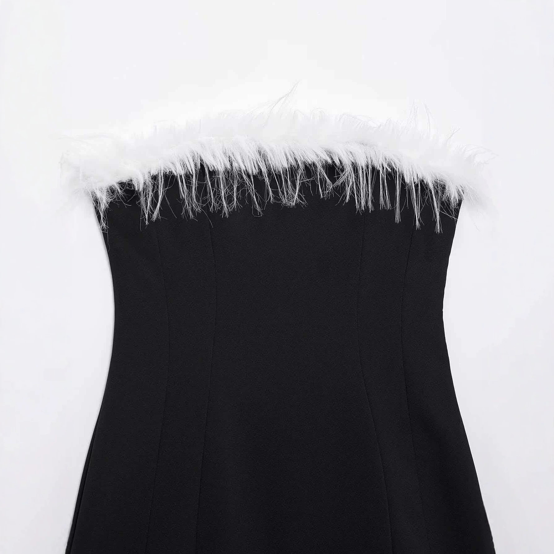 Black Feather Trim Bodycon Mini Dress Sleeveless Strapless
