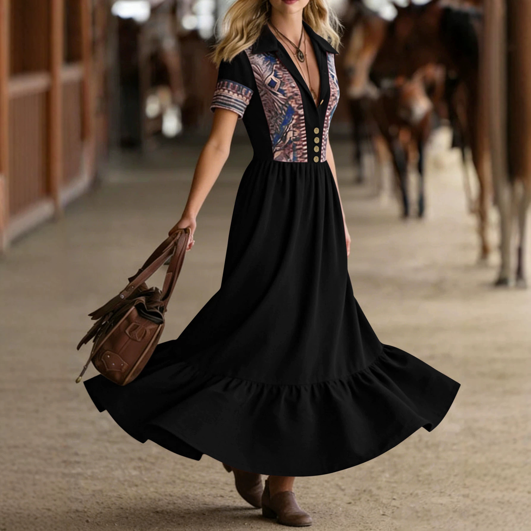 Aztec Print Collared Short Sleeve A-Line Maxi Dress