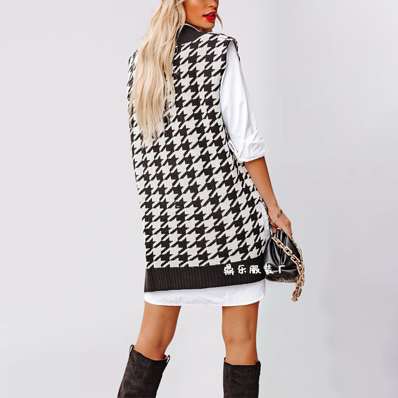 Women's Loose V-Neck Houndstooth Knit Sweater Vest Sleeveless