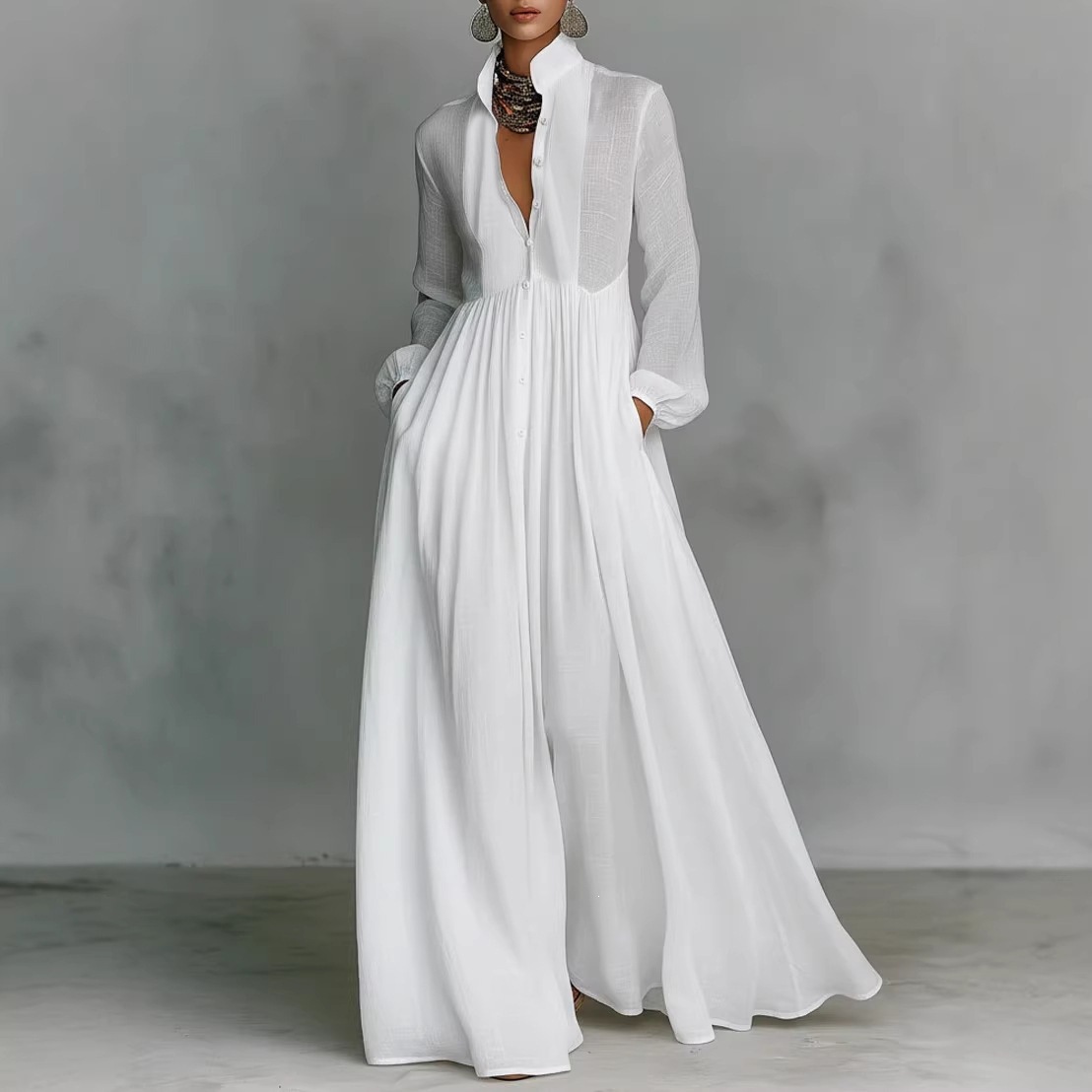 Women's Pleated Long Sleeve A-Line Maxi Dress