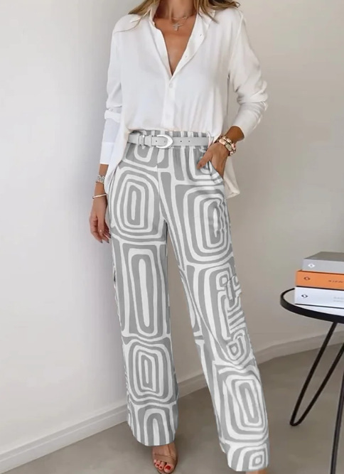 Women's Digital Print Shirt and Wide-Leg Pants Two-Piece Set