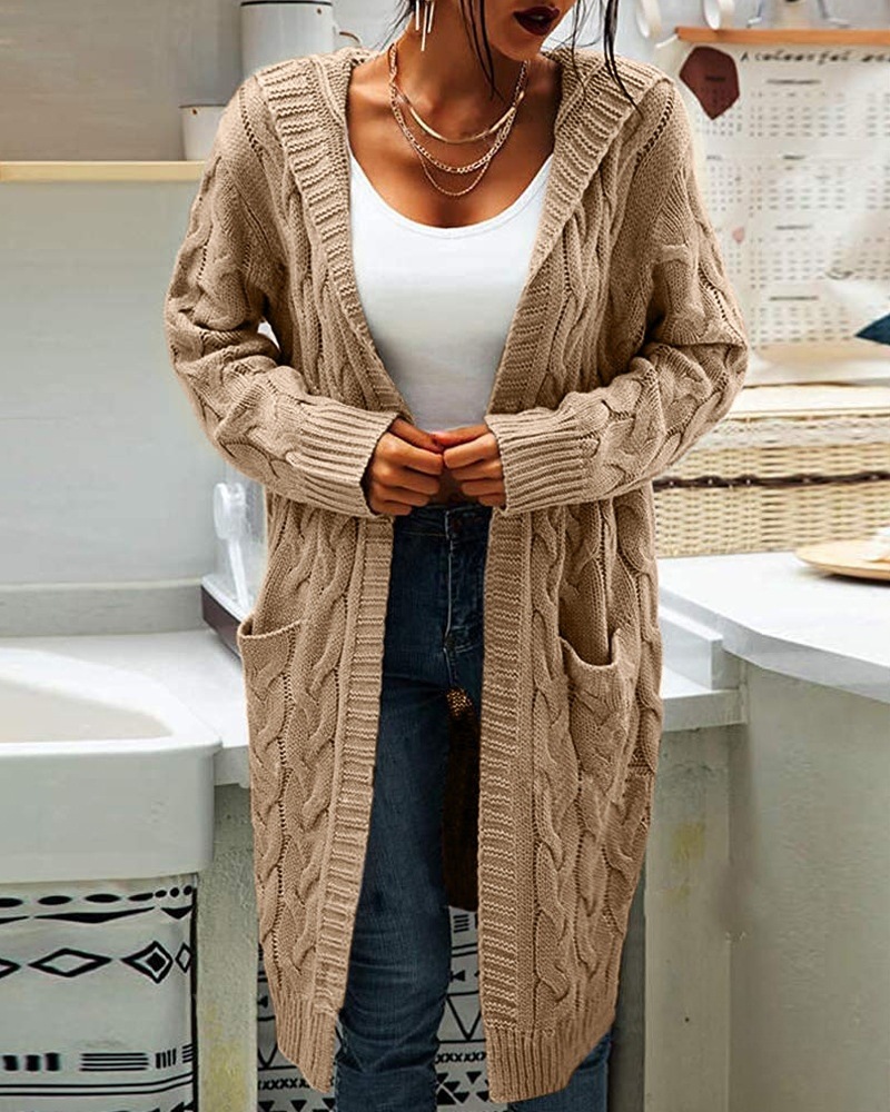 Women's Hooded Cable Knit Open-Front Cardigan Sweater, Mid-Length