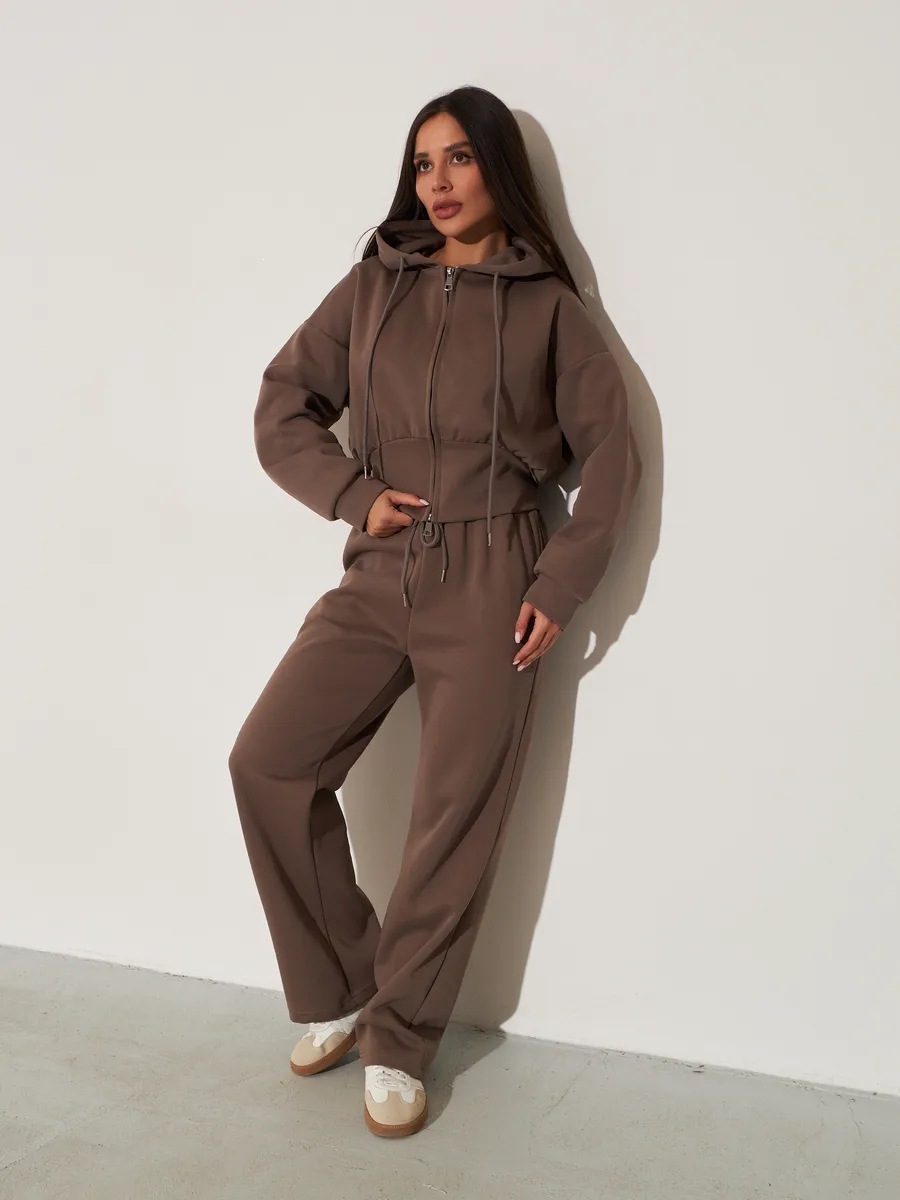Women's Solid Color Zip Hooded Cardigan and Wide-Leg Pants Two-Piece Set