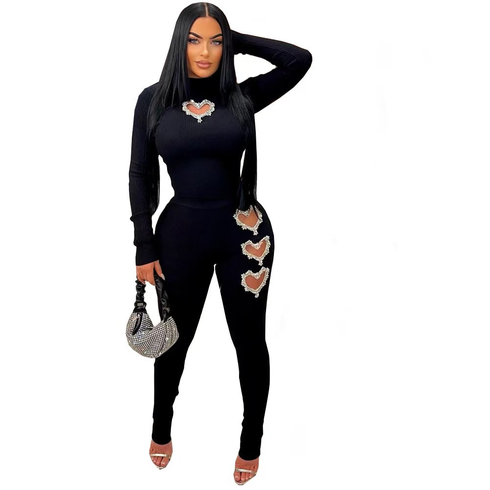 Women's Heart Rhinestone Long Sleeve Solid Color Pant Set