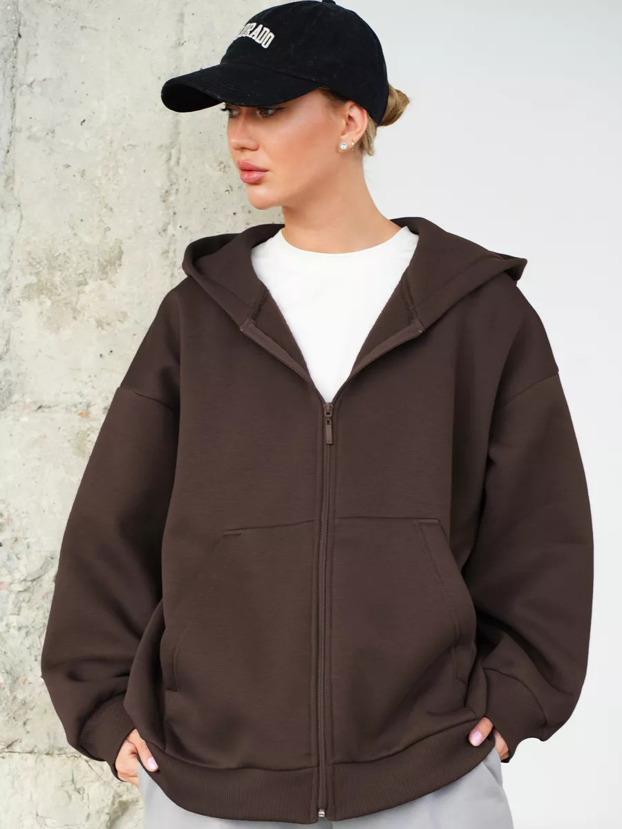 Solid Color Loose Fit Long Sleeve Zip-Up Hooded Sweatshirt Cardigan for Women