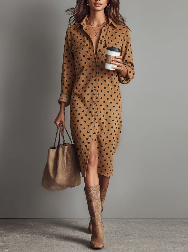 Slimming V-Neck Polka Dot Long Sleeve Midi Dress