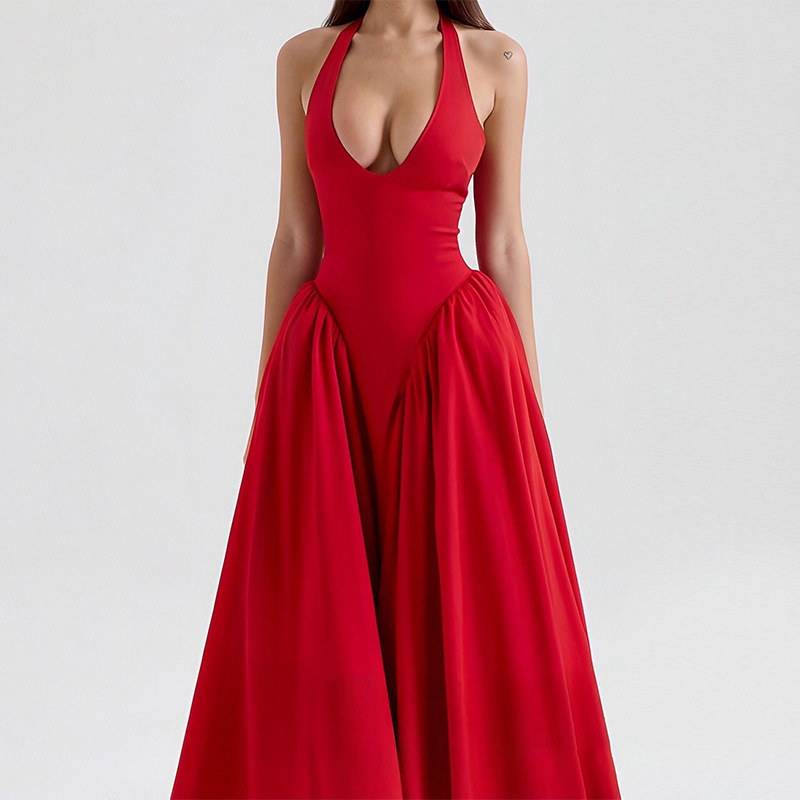 Women's Halter V-Neck Pleated A-Line Midi Dress