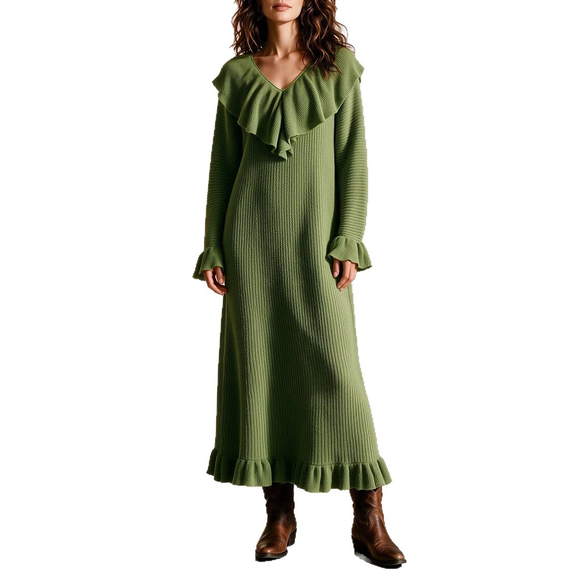Women's French Style Ruffle Long Sleeve Knit Dress