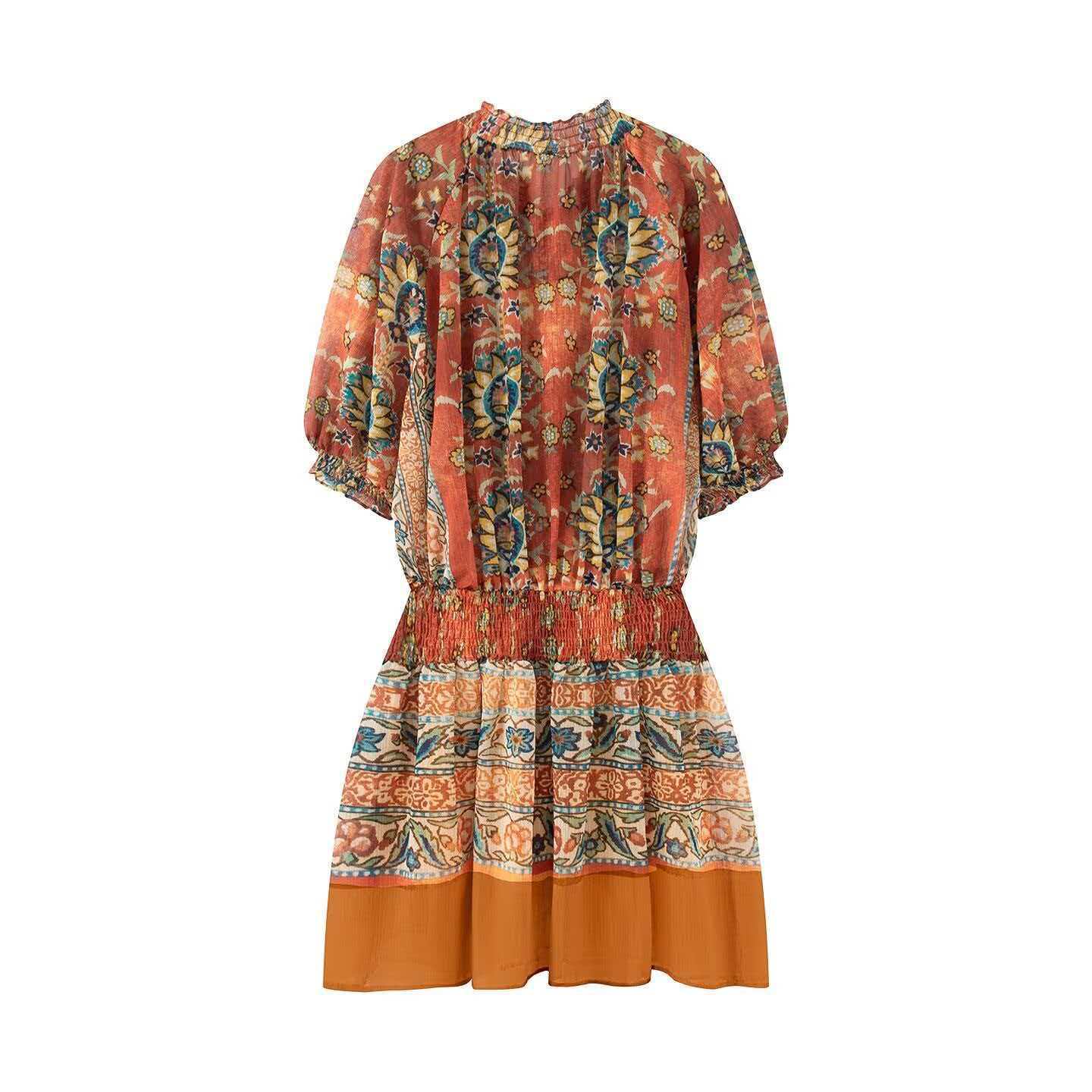 Women's Ruffle Neck Cinched Waist Midi Beach Dress