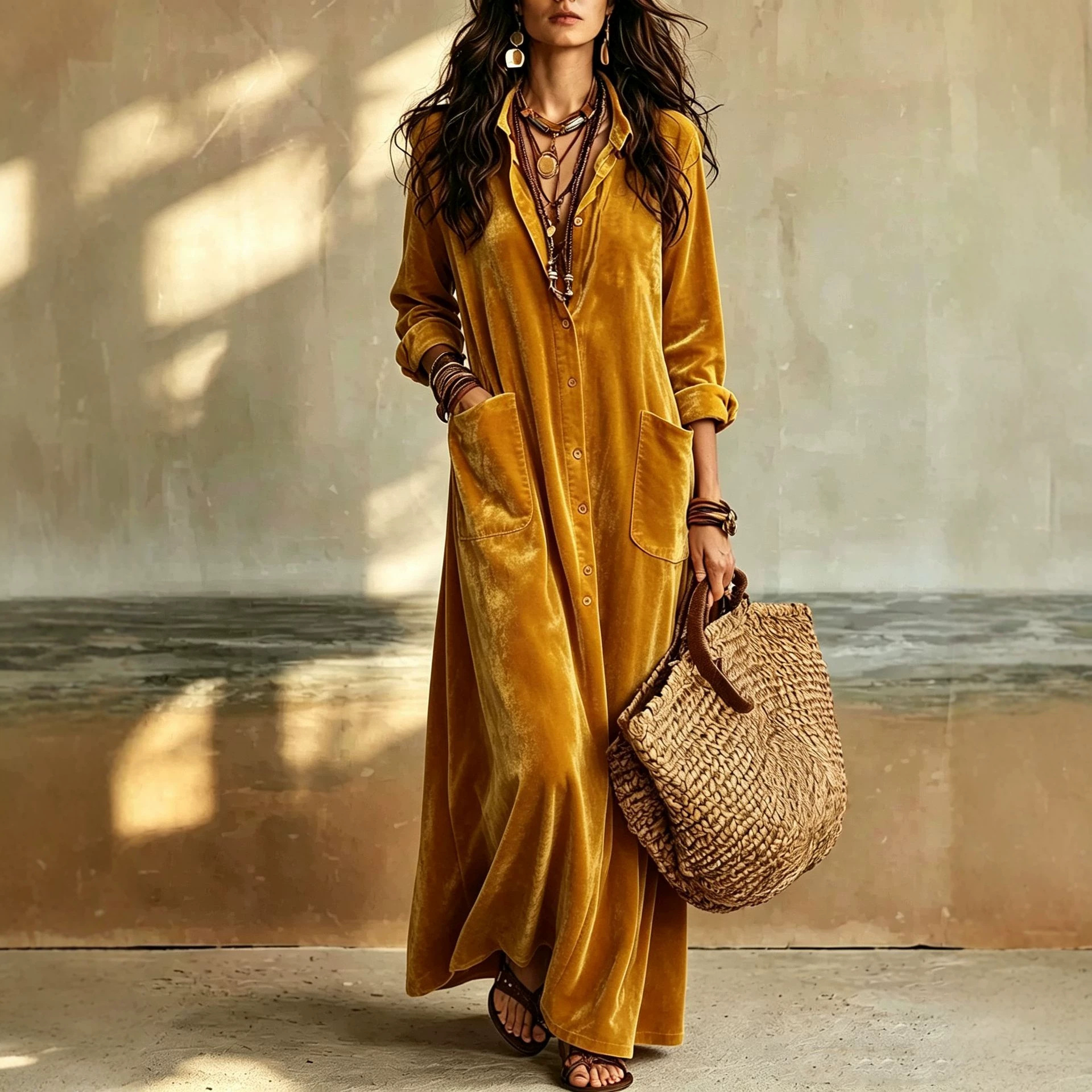 Boho Velvet Long Shirt Dress Solid Color Loose Fit