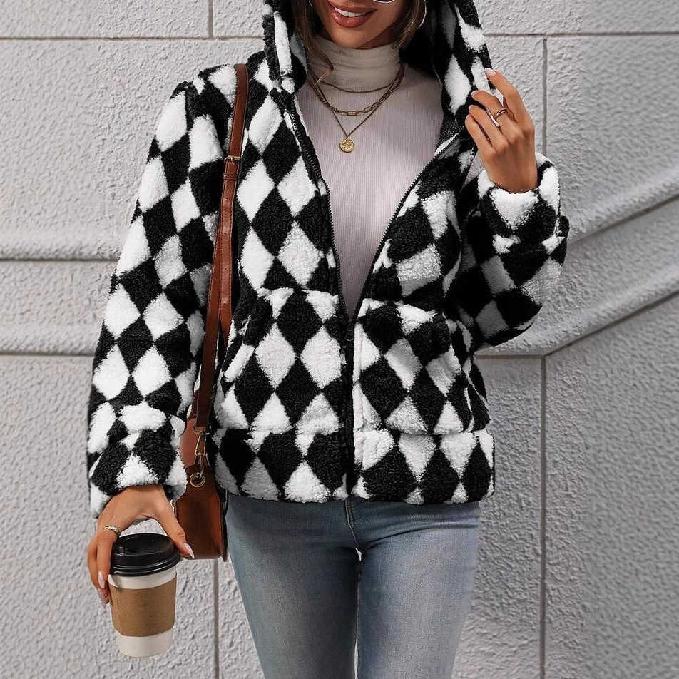 Women's Fuzzy Fleece Zip-Up Hooded Jacket with Geometric Print