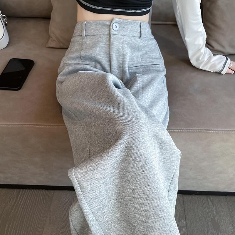 Petite Gray Wide-Leg Straight Pants for Women, Fall/Winter Drapey Slimming Casual