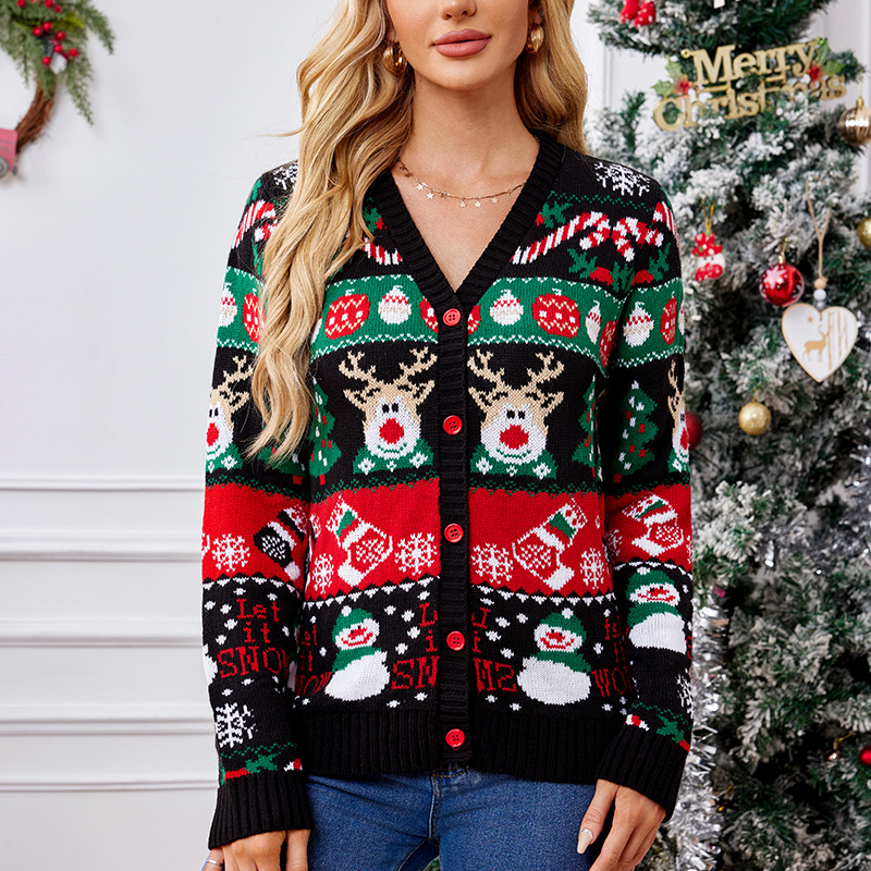 Women's Loose Knit Cardigan Sweater Coat Long Sleeve Christmas Crew Neck