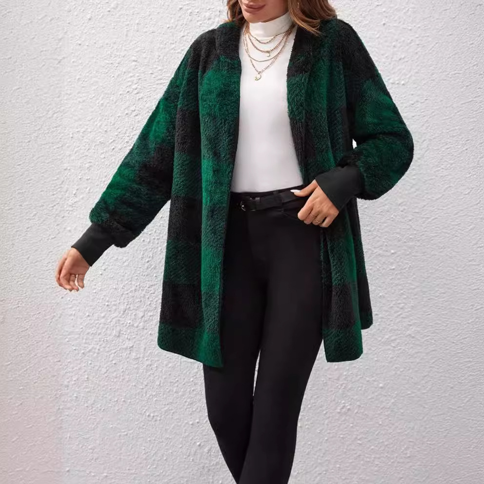 Women's Loose Plaid Fuzzy Cardigan Sweater