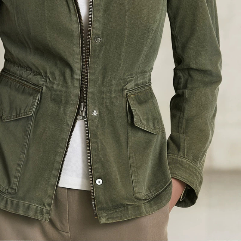 Retro Olive Green Lightweight Stand-Collar Jacket