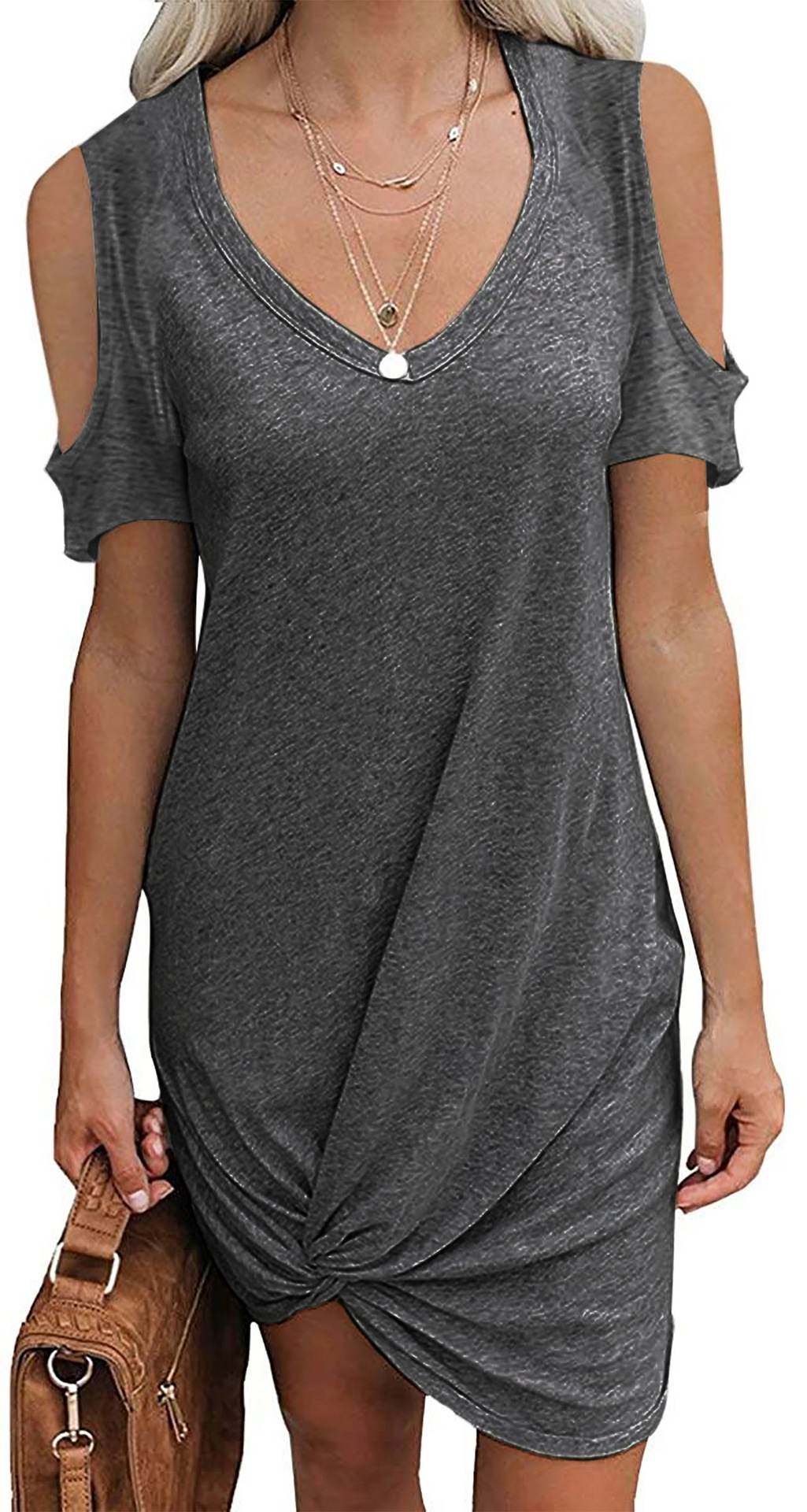 Women's Off-Shoulder Twist Knot Short Sleeve T-Shirt Dress Solid Color