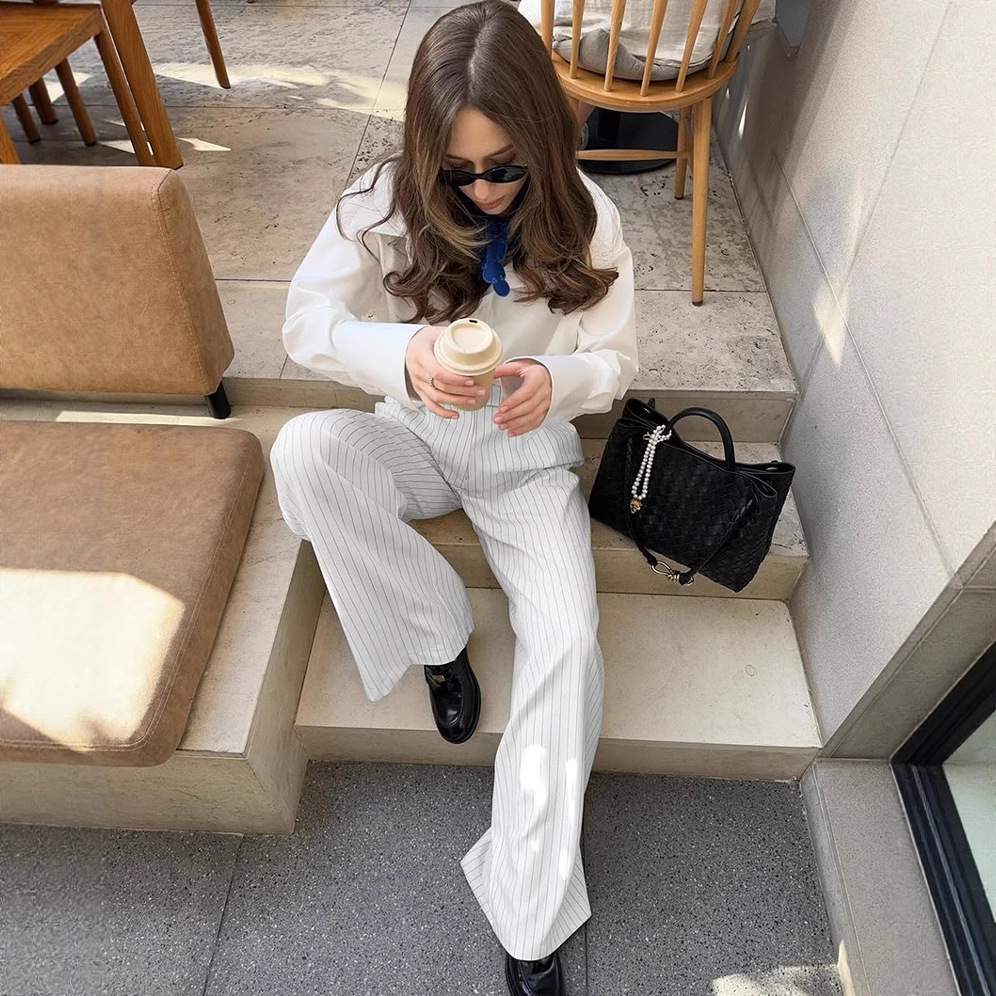White Striped Wide-Leg Pants for Women, Loose Casual Commuter Trousers