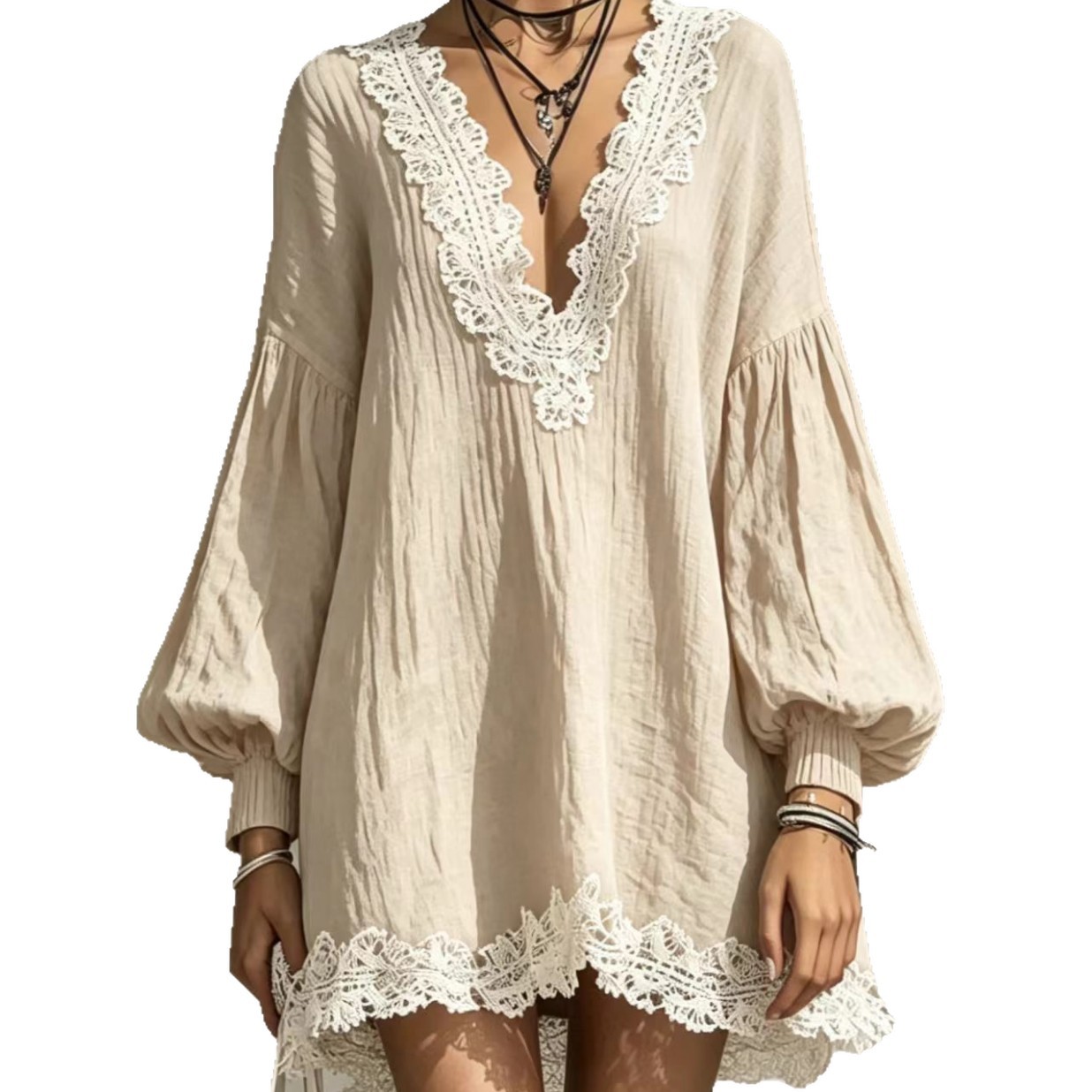 Color-Block V-Neck Lace Trim Lantern Sleeve Loose Dress