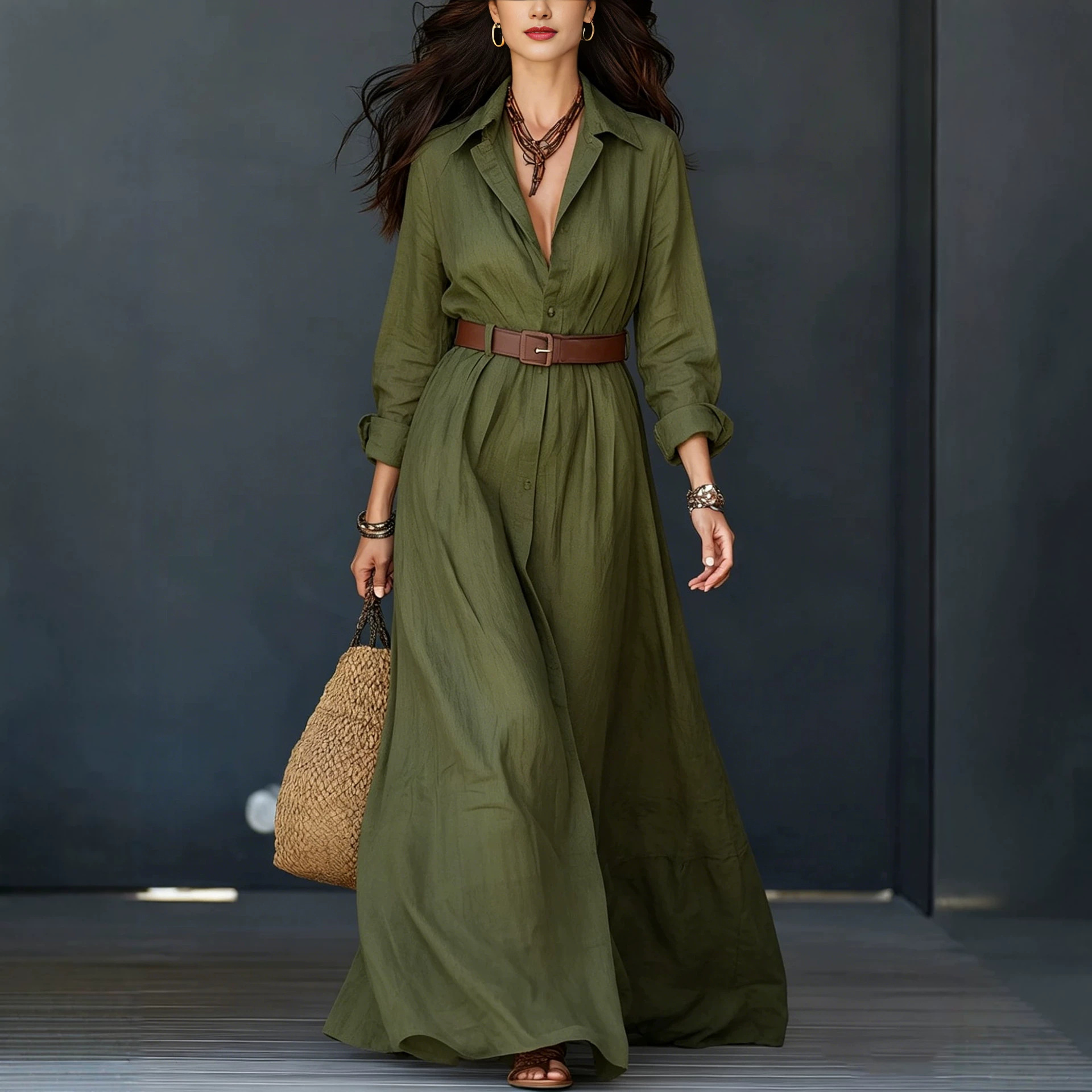 Cotton-Linen Shirt Dress with Collar, Long Sleeves, Belted Waist, Floor-Length