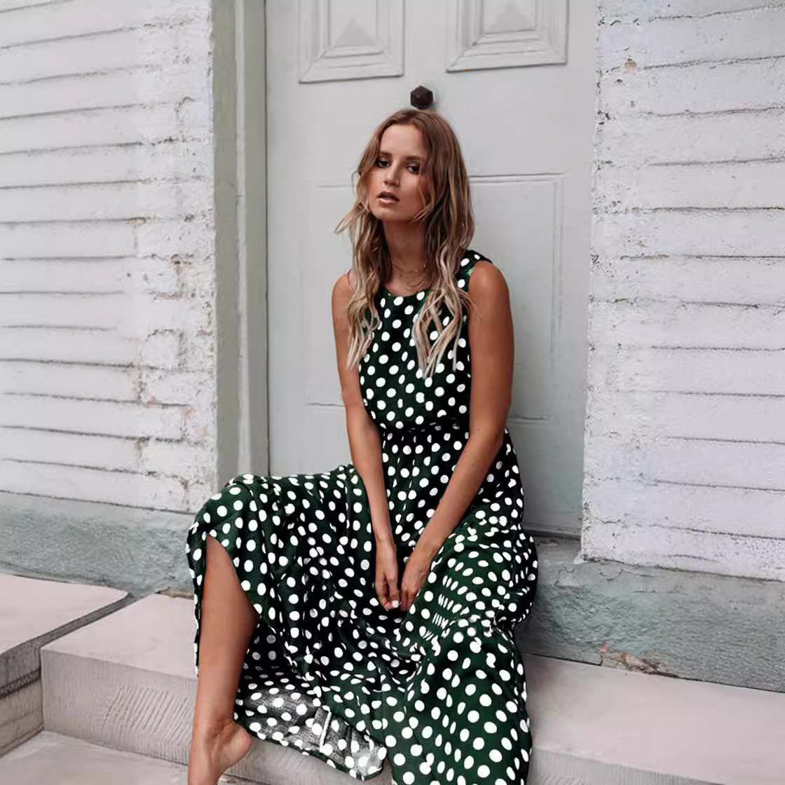 Polka Dot Print Round Neck Long Dress