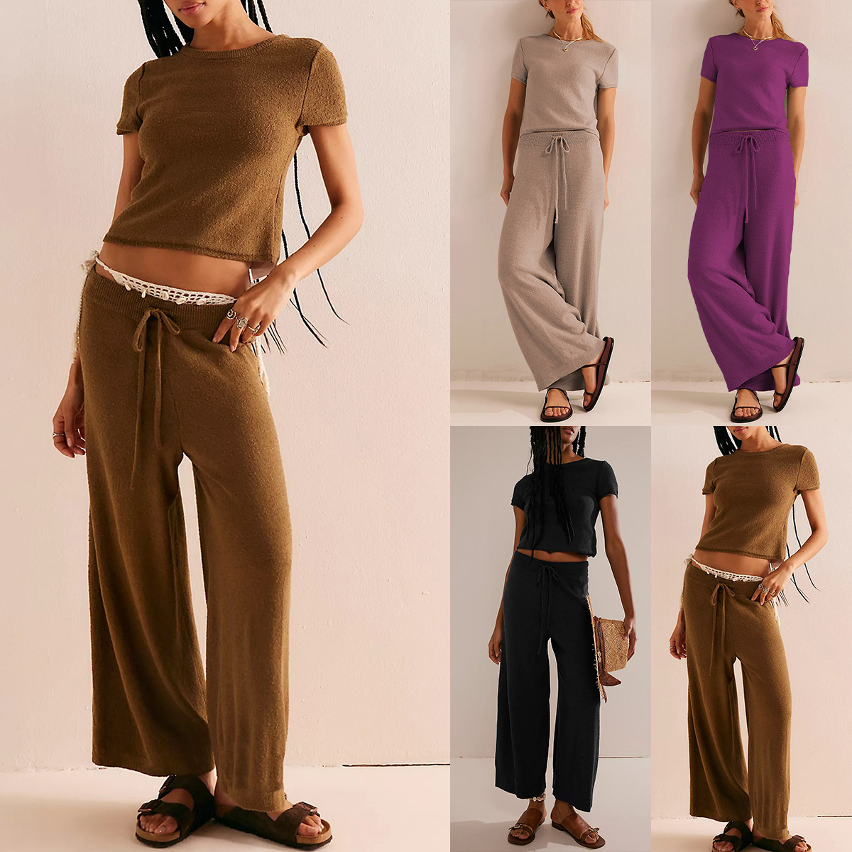 Women's Solid Color Knit Short Sleeve Top and Pants Set