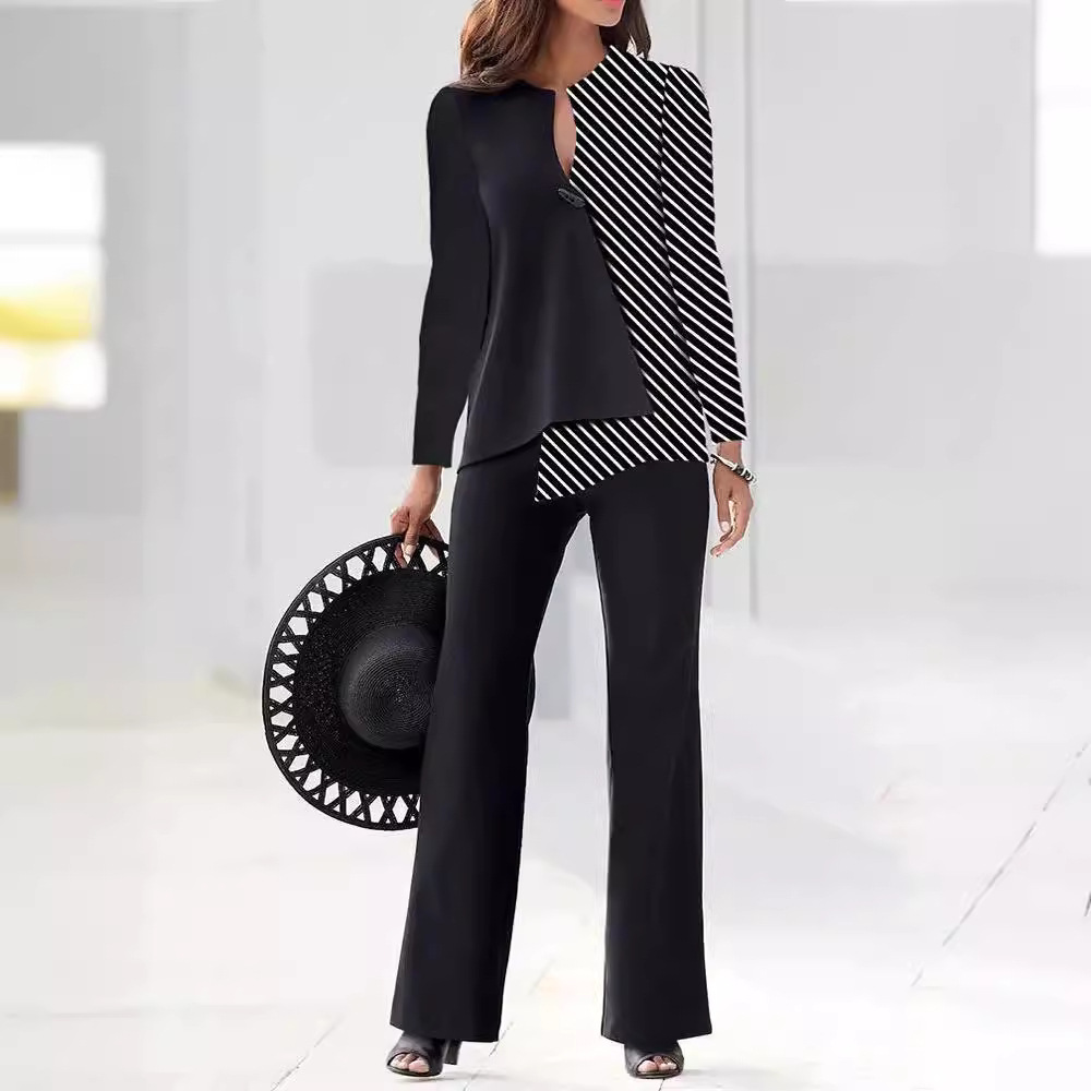 Women's Color-Block Long-Sleeve Shirt & Pants Set Casual Loose Fit