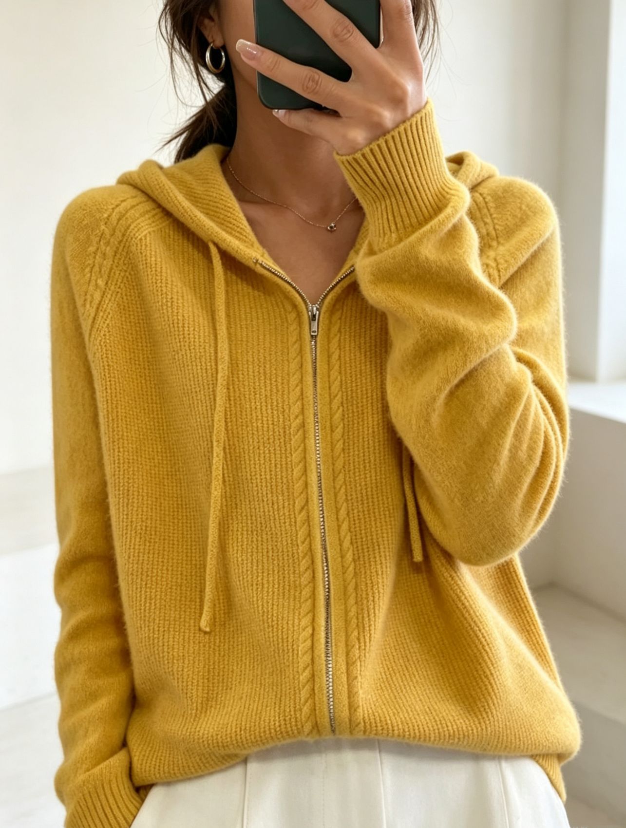 Women's Solid Hooded Faux Wool Cardigan Zip-Up Knit Sweater
