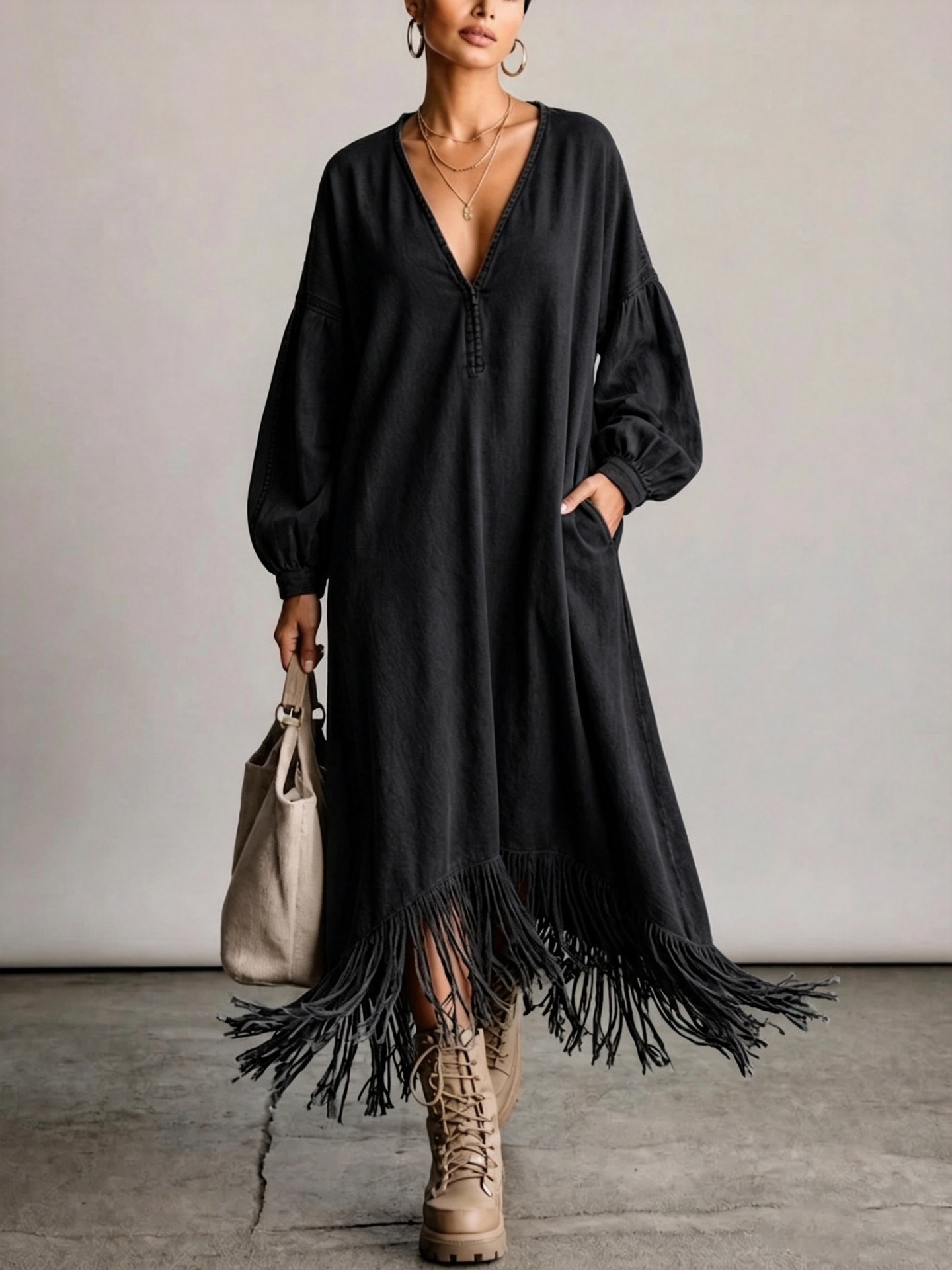 Distressed Washed V-Neck Lantern Sleeve Fringe Maxi Dress with Pockets