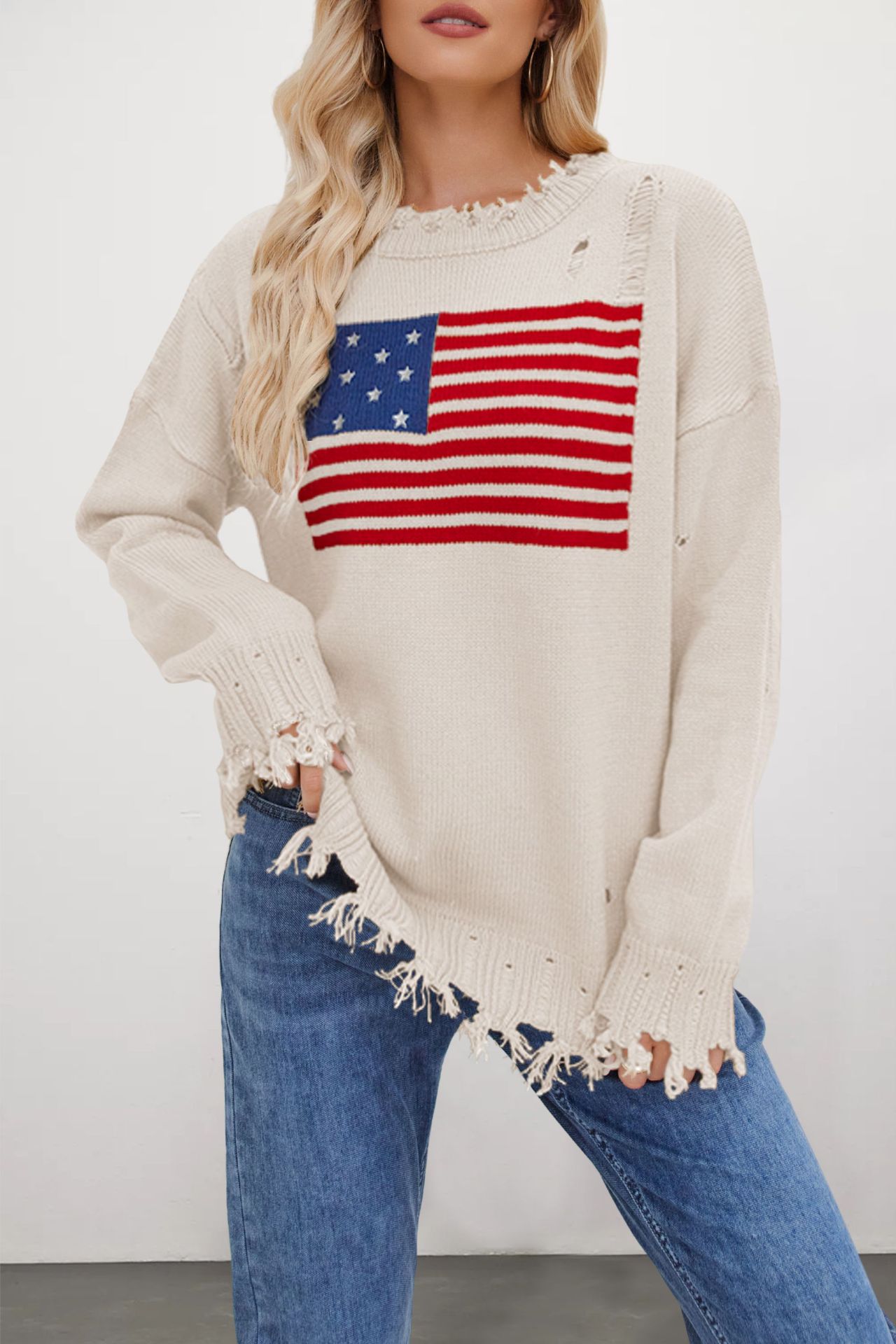 Crewneck Flag Pattern Knit Sweater