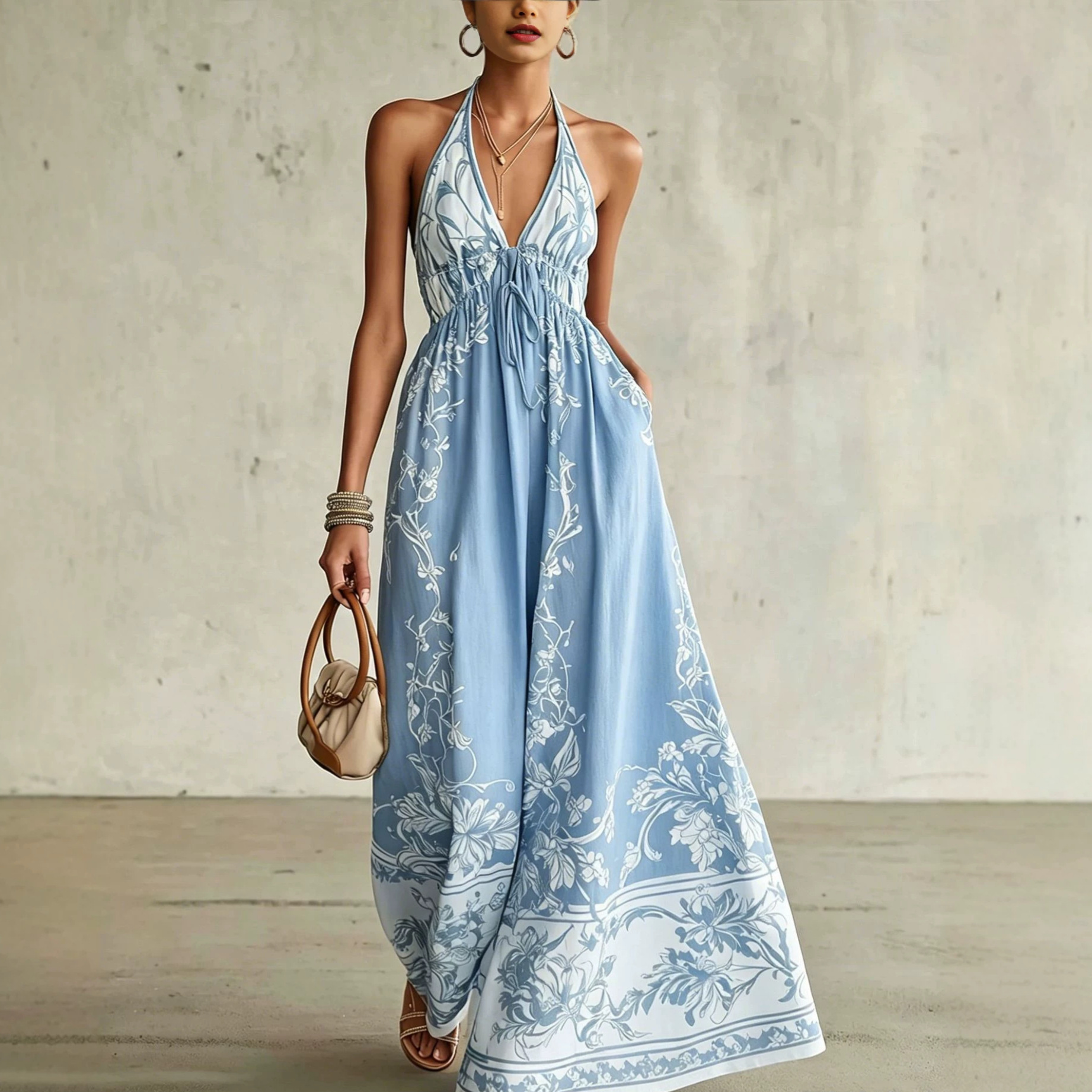 Bohemian V-Neck Sleeveless Maxi Dress Floral Print Beach Vacation