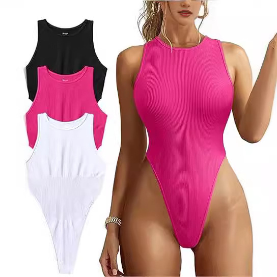 Women's Ribbed Sleeveless Halter Bodysuit Sexy High-Cut