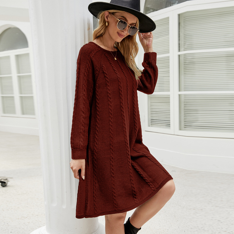 Women's Cable Knit A-Line Sweater Dress Crew Neck Long Sleeve Loose Fit