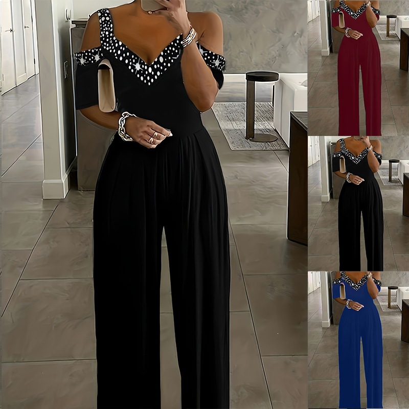 Rhinestone V-Neck Off-Shoulder Jumpsuit with Wide Leg