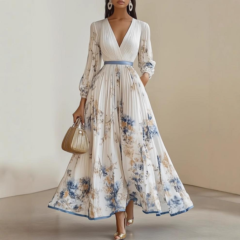 Elegant Floral Print V-Neck Waist-Cinching French Dress